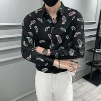 2021 printed mens shirt casual trend handsome long sleeved slim business white shirt for men social party dress chemise homme