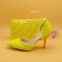 7cm9cm yellow flower wedding shoes with matching bags high heels pointed toe ankle strap ladies party shoe and bag set