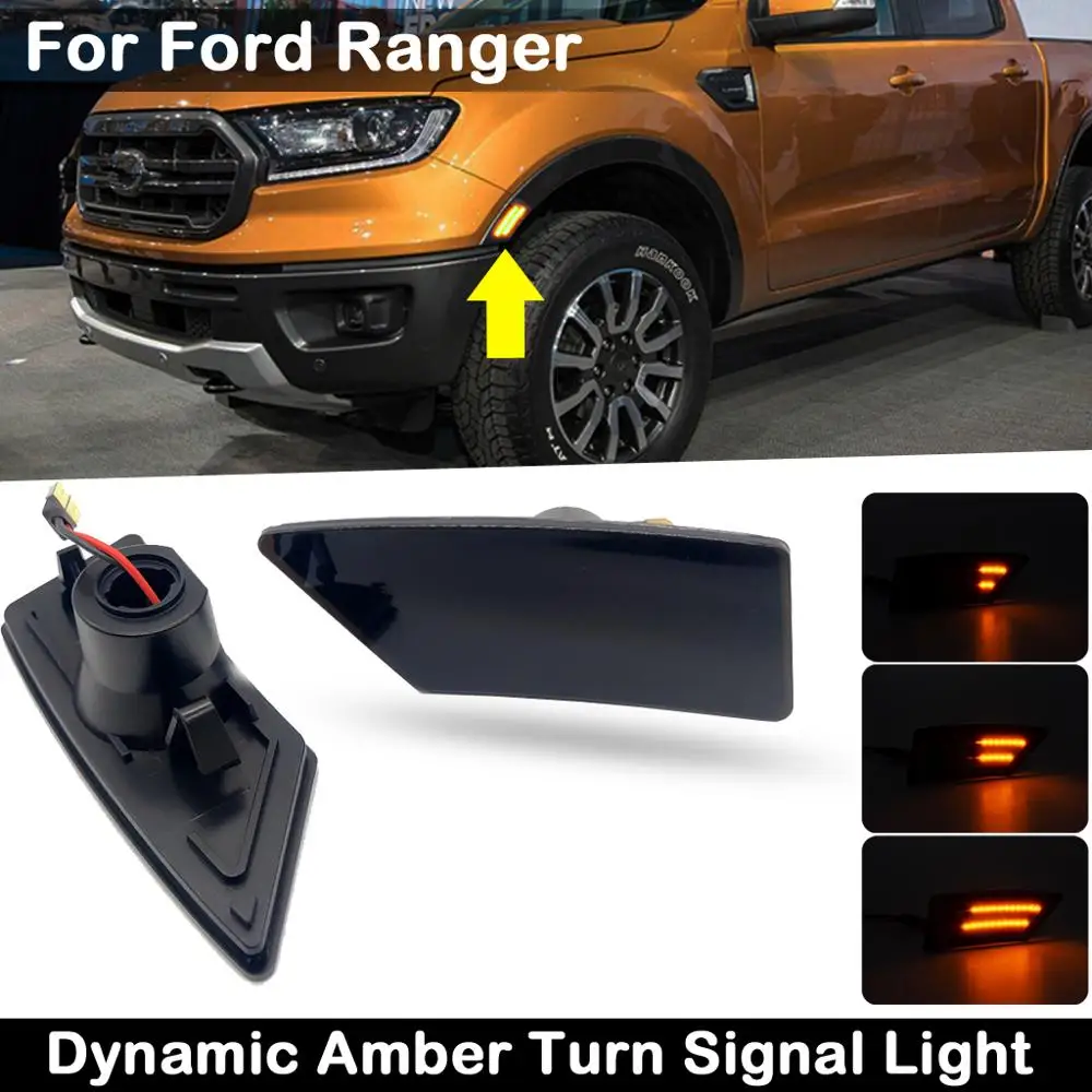 2Pcs For Ford Ranger 2019-up Smoked Lens LED Side Marker Lamp Dynamic Amber Turn Signal Light