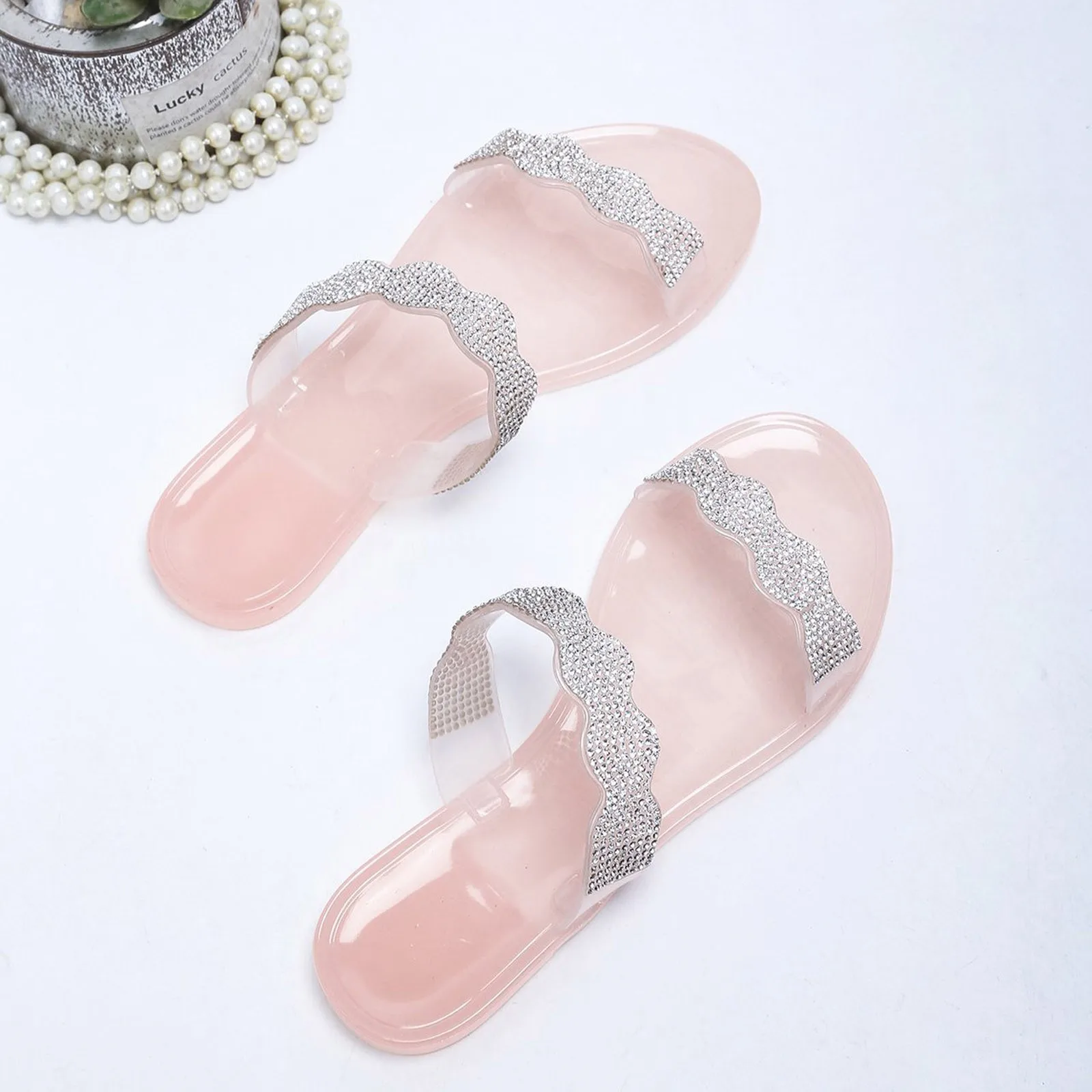 

Women Glitter Sandals Summer Sandals Slip-on Beach Slippers Open Toe Breathable Rhinestone Shoes Sandals Flat Rhinestone Shoes