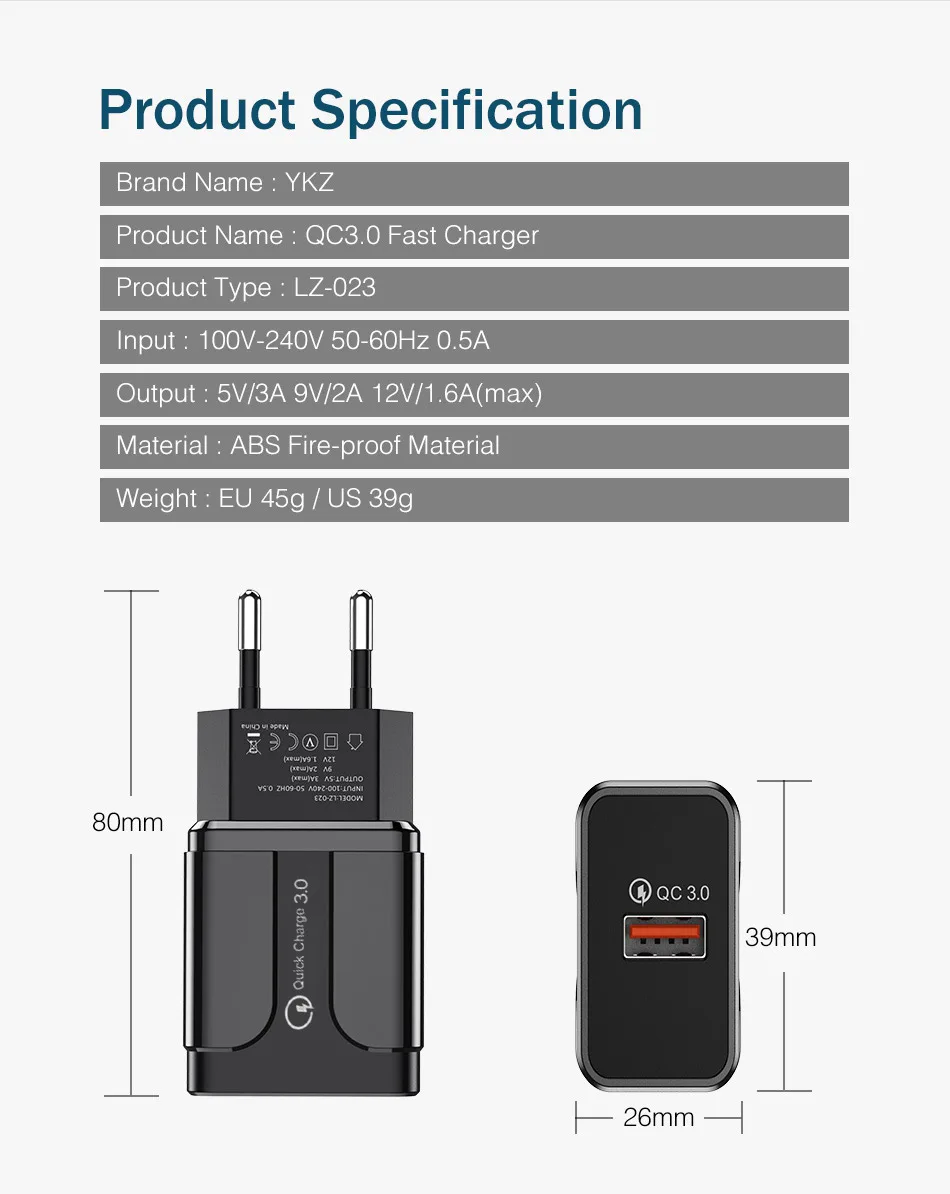 YKZ USB зарядное устройство, зарядное устройство для мобильного телефона 18 Вт QC3.0 Быстрая зарядка EU US настенное зарядное устройство для iPhone samsung Xiaomi huawei телефонный адаптер