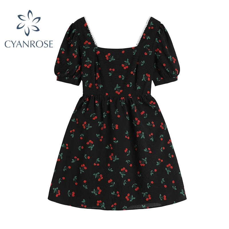 

Женское платье с коротким рукавом и принтом вишни, элегантное квадратное платье во французском стиле с коротким рукавом-фонариком и завыше...