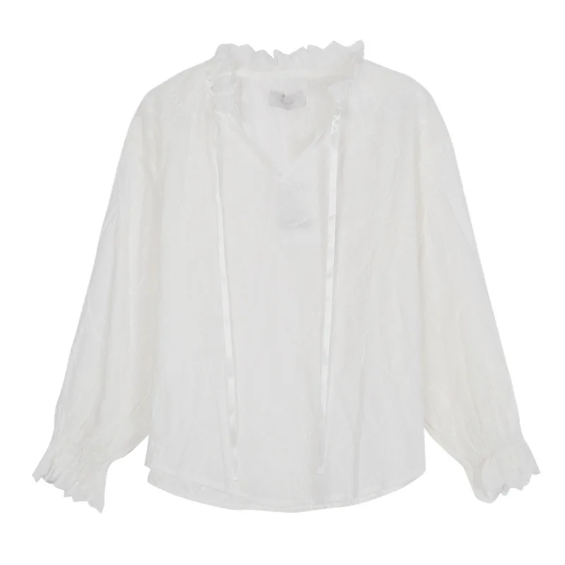 

Solid Mesh Shirt Woman Korean Lantern Sleeve Loose Tie Shirt Women Spring V-neck Slim Long-sleeved White Shirt Women's 2021