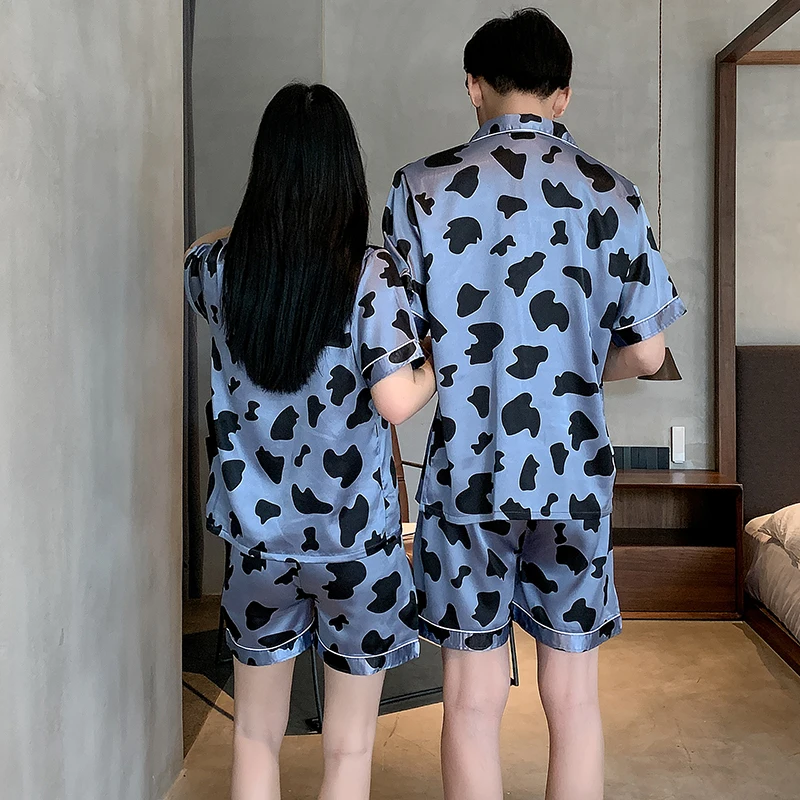 

CAIYIER Couple Pajamas Set Silk Satin Grid Print Lovers Nightwear Summer Short Sleeve Sleepwear For Women & Men Home Clothing