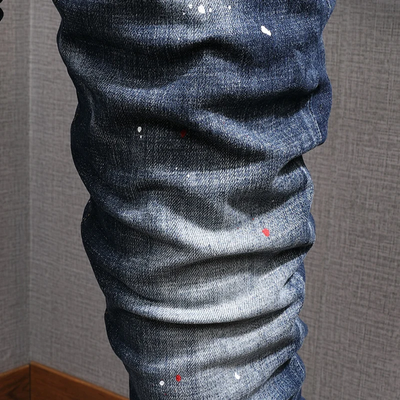 European Vintage Fashion Men Jeans High Quality Retro Blue Slim Ripped Jeans Men Streetwear Painted Designer Casual Denim Pants
