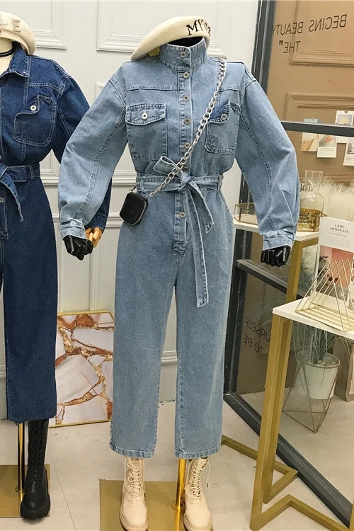 

Fashion Jeans Jumpsuit Women's 2021 Spring New Long Sleeve Straight Jeans Loose Playsuits Woman Girls Students Denim Jumpsuits