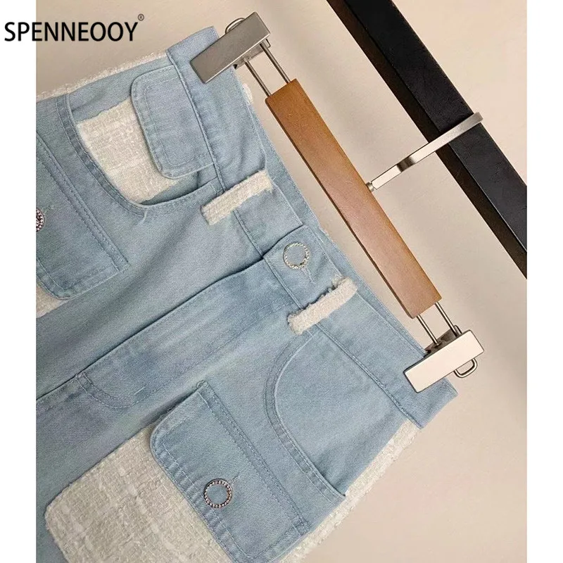 SPENNYMOOR 2021New Runway Brand Summer Mini Denim Skirt Women Crystal Button Tweed Patchwork Denim Skirt