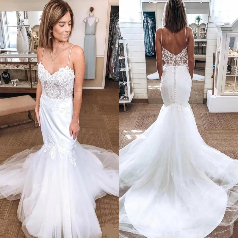 

Sexy Slim Mermaid Wedding Dress Beach Spaghetti Straps Backless Illusion Lace Applique Tulle Wedding Dress Bridal Gowns Custom