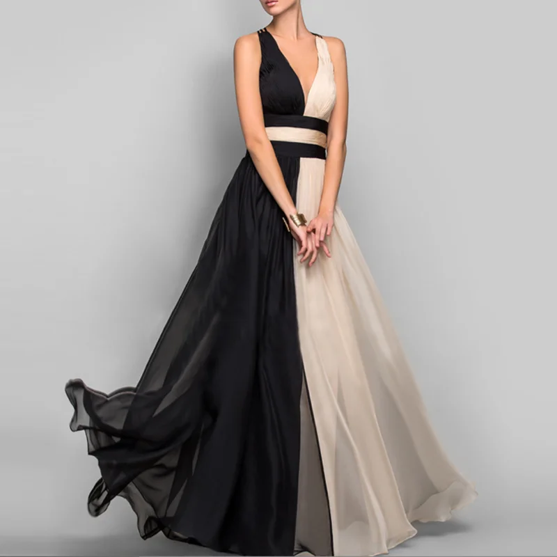 

Summer Elegant Dresses Sleeveless Maxi Dresses Deep-V Neck Patchwork Temperament Versatile Vestido