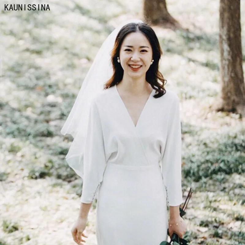 

KAUNISSINA Mid-Calf Beach Wedding Dress Three Quarter Sleeve V-Neck Simple Wedding Gowns for Bride White Satin Bridal Dresses