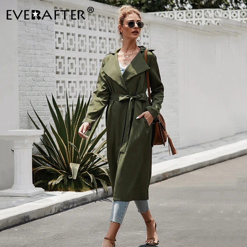 Женский Длинный Тренч EVERAFTER элегантный армейский зеленый с отложным воротником и