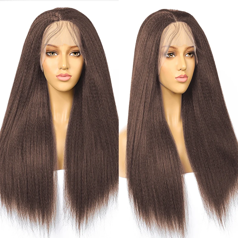 

Темно-коричневый 180% плотность 26 дюймов длинный курчавый прямой синтетический кружевной передний парик для черных женщин малыш волос предв...