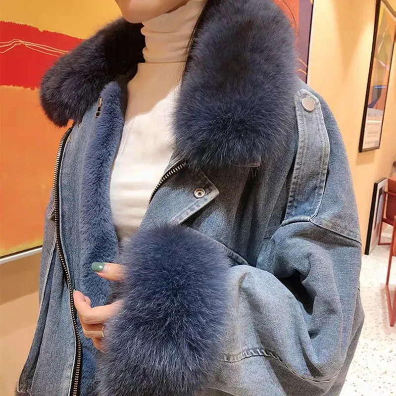 

Women Winter New Fashion Designed Denim Large Real Fur Collar Parkas Female Loose High Street Fur Leather Ladies Brand Coat M762