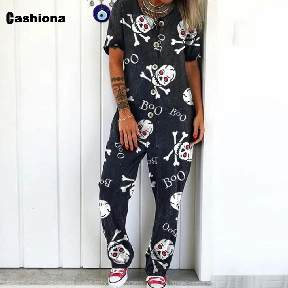 2021 Gothic Fashion Skull Print Jumpsuit Plus Size Women Short Sleeve Loose Romper Casual Pullovers Summer Overalls Streetwear