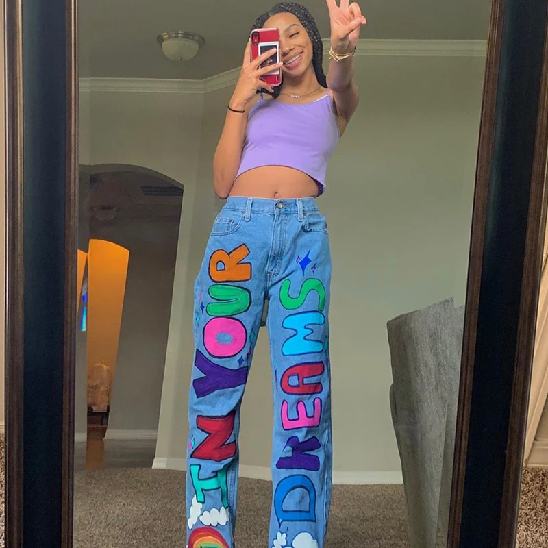 

Y2K Cute Graphic Letter Printing Loose Women's Jeans Pants High Waist Wide Legs Pink Denim Fashion Street Clothing Girls 90s