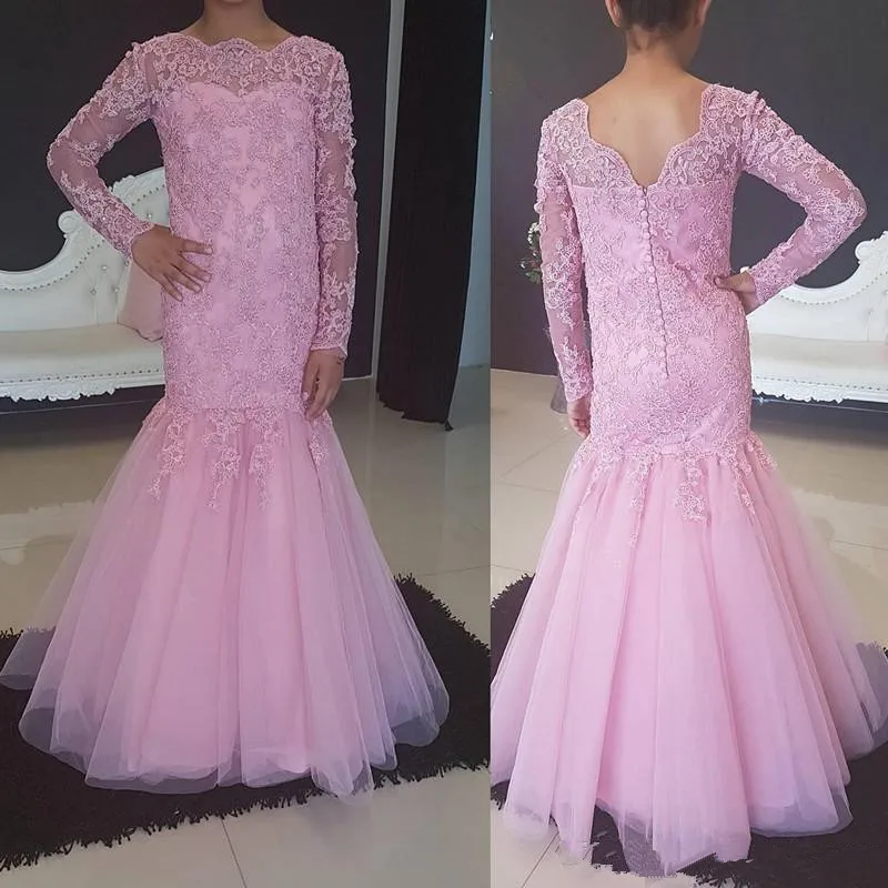 

Formal Pink Lace Applique Long Sleeve Mermaid Wedding Flower Girl Dress Bateau Neck Floor Length Tulle Kids Toddler Lolita Dress