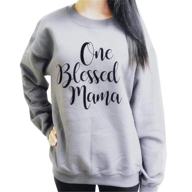 One Blessed Mama с буквенным принтом Kpop толстовки для женщин с круглым вырезом и длинным рукавом свитер в Корейском стиле пуловер уличная женская теплая верхняя одежда - Цвет: Серый