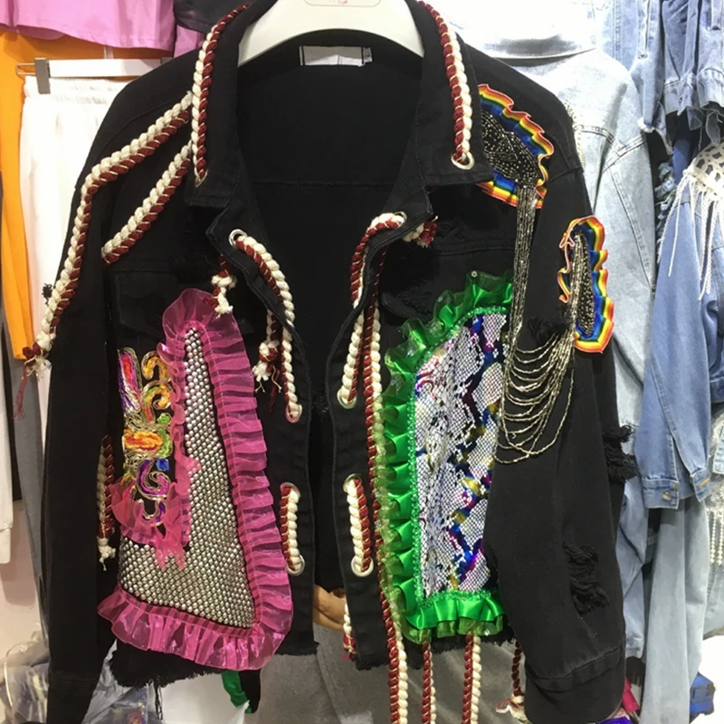 Женские джинсовые куртки в стиле хип-хоп пэчворк с потертостями и имитацией