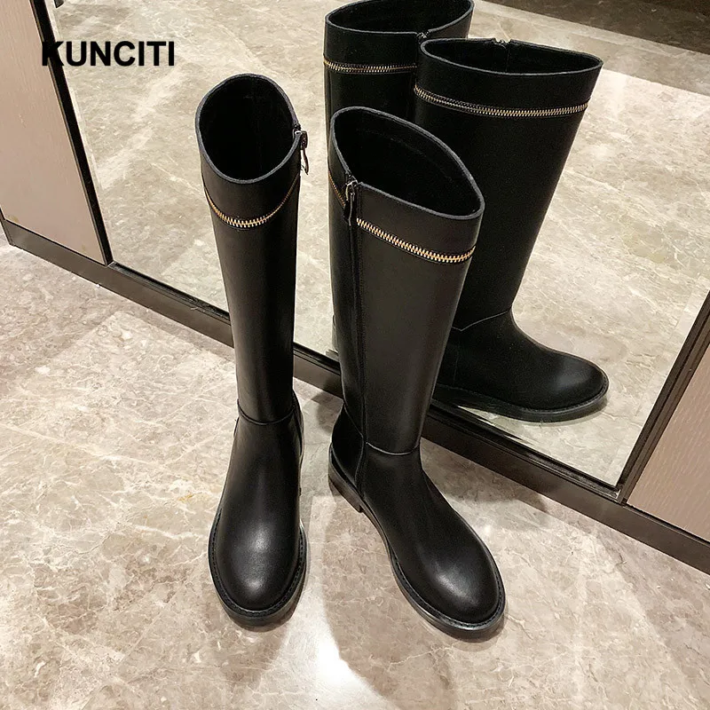 KUNCITI/; женские зимние сапоги до колена; сапоги на квадратном каблуке; ботинки в байкерском стиле; женская обувь на молнии; высококачественные высокие сапоги; B912