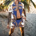 Костюм Гавайский мужской с принтом, рубашка с короткими рукавами и пуговицами, пляжные шорты, Повседневная Уличная одежда, костюм из 2 предметов, лето 2021