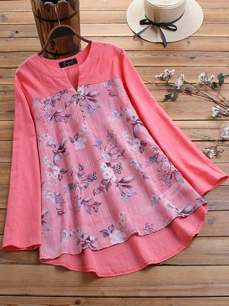 

Autumn Fashion Women Vintage Printed Patchwork Blouses Long Sleeve Shirt V-Neck Loose Blouse Casual Tops