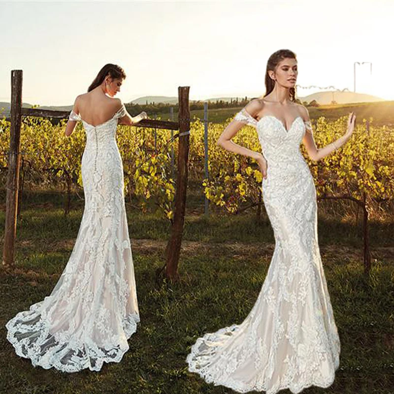 

YILIBER Mermaid wedding dress one shoulder sleeveless luxury retro bridal dresses lace backless big skirt
