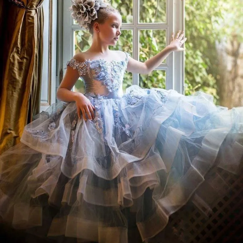 

Ballroom Flower Girl Dresses Sheer Jewel Neck Floral Appliqued Beaded Girl Pageant Gown Ruffle Tiered Skirt Birthday Gowns