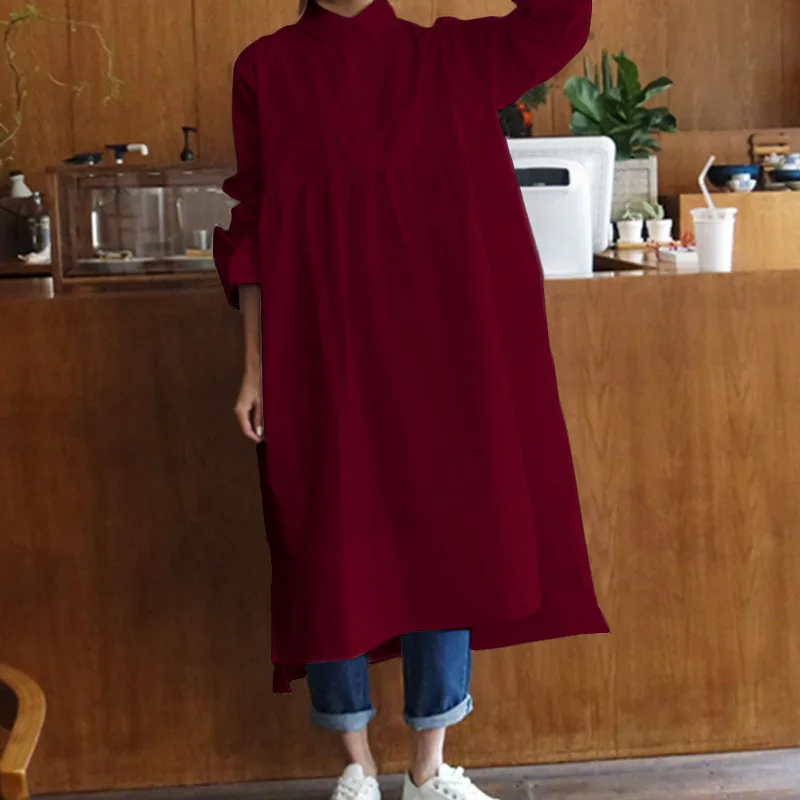 Wine Red Женское платье, женское, с отворотом, длинный рукав, повседневное, сплошное, на пуговицах, асимметричное, винтажное платье, осень, миди, Vestidos размера плюс - Цвет: Wine Red