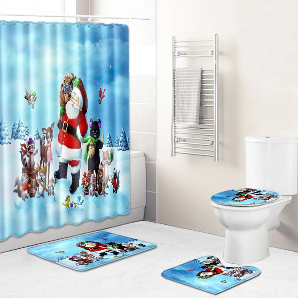 

Zeegle Waterproof Christmas Bath Curtain Shower Curtain Absorbent Toilet Cover Mat Bathroom Rug Washable Foot Mat Bath Mat Set