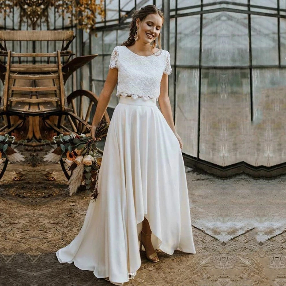 

Bohemian Two Pieces Wedding Dresses 2021 Lace Top Short Sleeve Bridal Gown Jewel Neck Beach Wedding Gown Vestidos De Novia