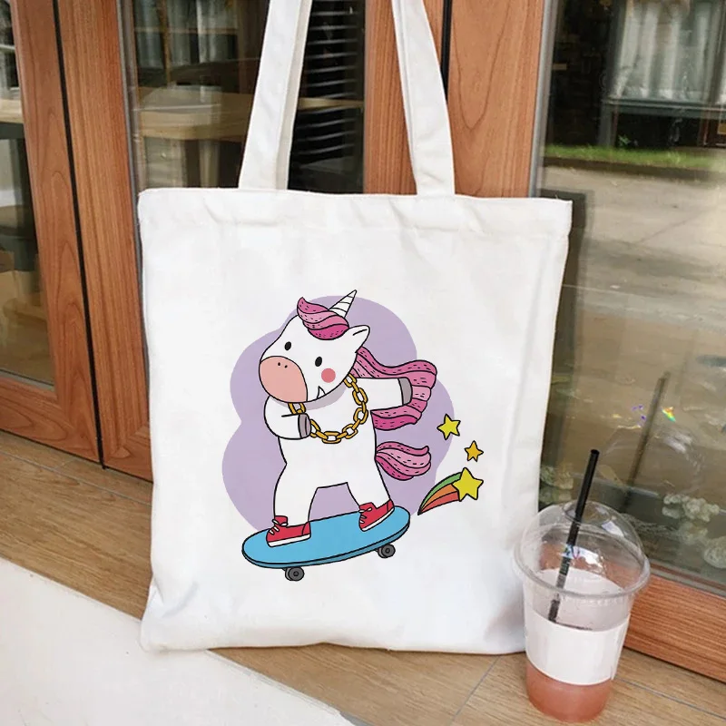 

Холщовая Сумка для покупок для женщин, многоразовая дамская сумочка на плечо с мультяшным принтом единорога, тоут с графическим рисунком дл...