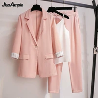 2021 autumn new suit jacket suspender pants three piece womens casual blazers trousers set korean fashion elegant clothes suit