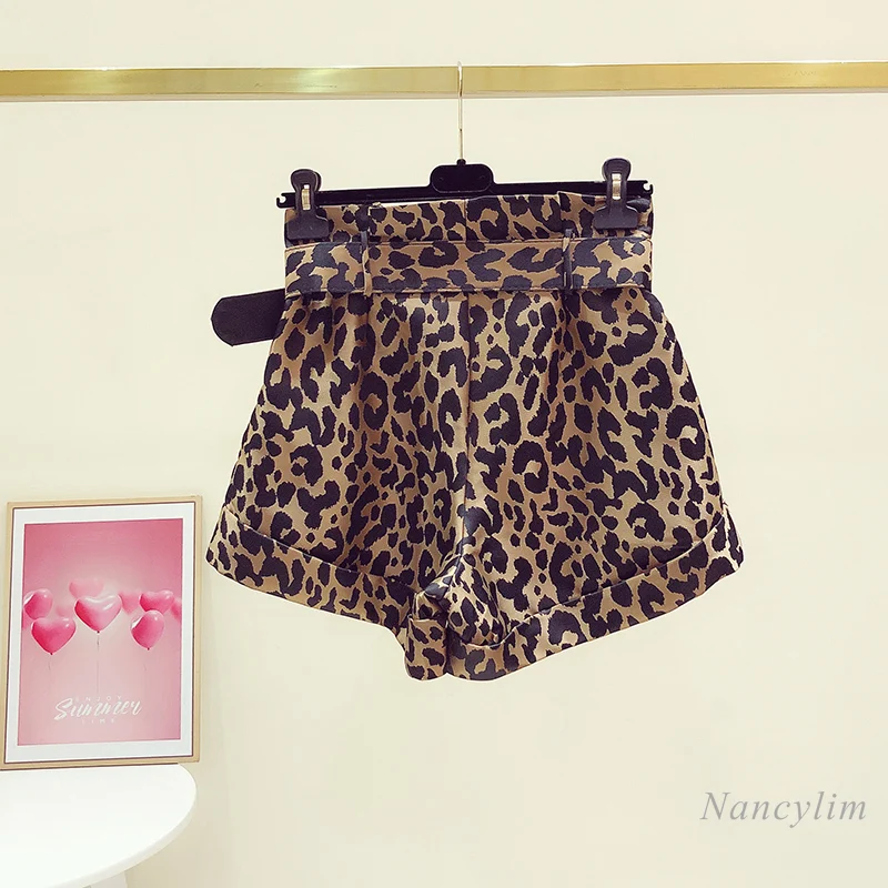 Leopard-Print Shorts Woman 2021 Summer New Fashion High Waist Wide-Leg Casual Female Lady Short Trousers with Belt
