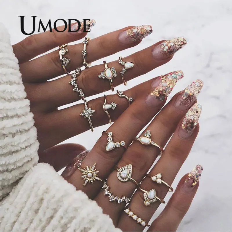 UMODE, золотые кольца для девочек, наборы, 16 шт., кольца для женщин, кольца с камнем в виде капли, кольца с короной, опал, модные ювелирные изделия, Прямая поставка, PR0221