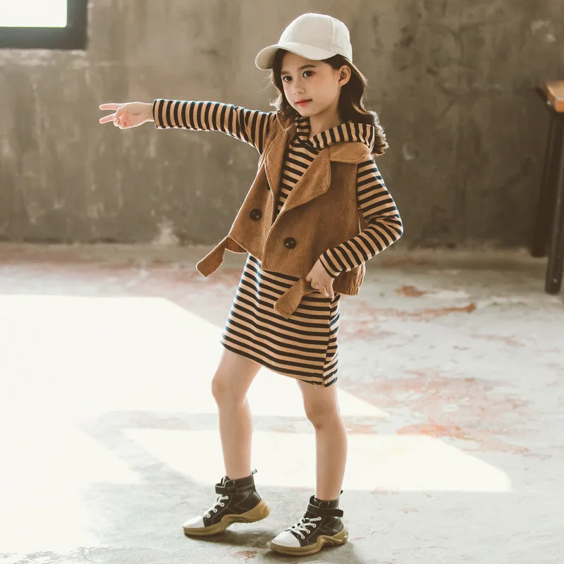 2021 Stripe Spring Autumn Children Clothes Baby Girls Hooded Sweatshirts + Vest Kids Teenagers Tracksuit Sport Suits Outwear