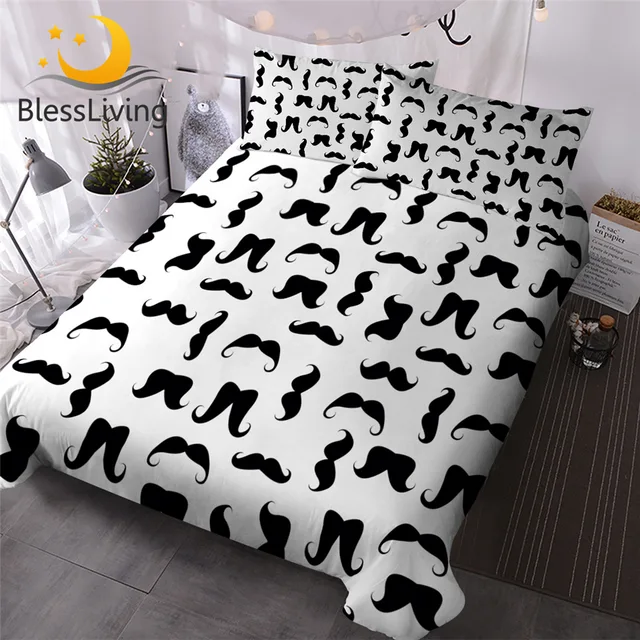 BlessLiving Mustaches Bedding Set Black and White Hipster Comforter Cover 3-Piece Cute Bed Cover Set for Boy Man Parrure De Lit 1