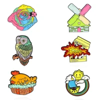 cartoons rooster and owl enamel badges lapel pins windmill rainbow fashion anime brooches for women decorative hijab pin jewelry