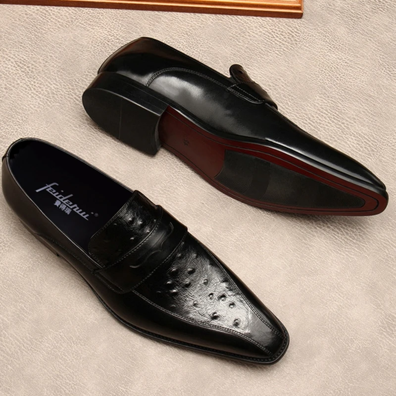 

Luxury Italian Square Toe Slip on Man Casual Shoes Genuine Leather Ostrich Pattern Penny Men's Wedding Bridal Loafers MDE216