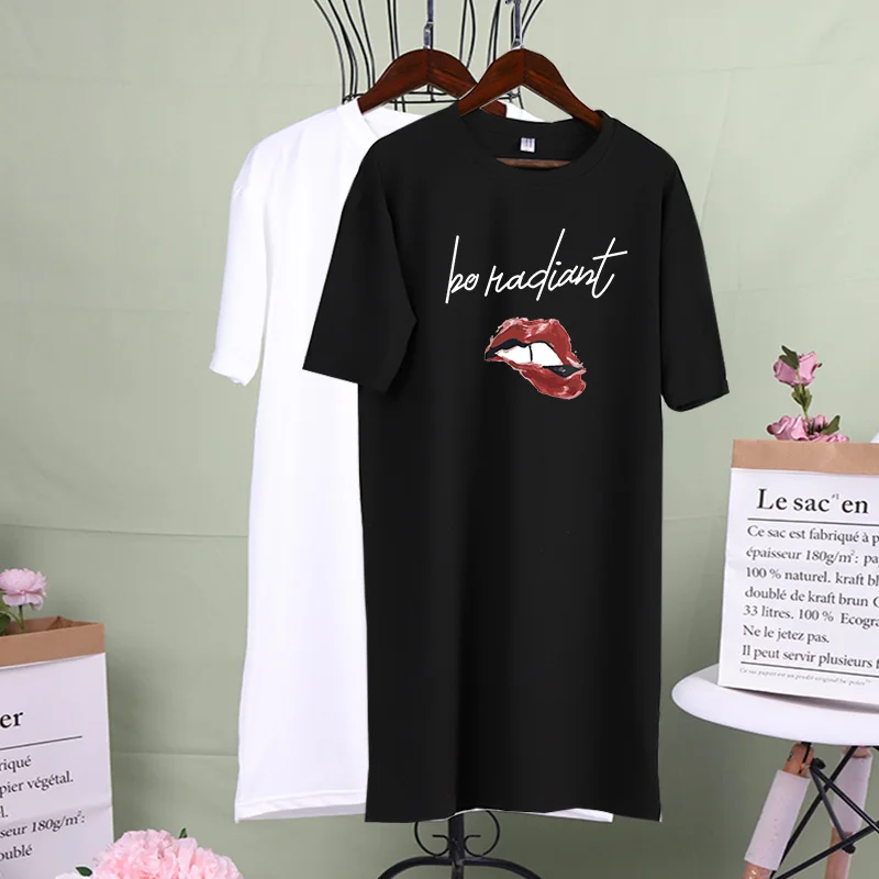 

Black Pijama Mujer Red Lips Letter Print Fashion Loose Night Dress Summer Casual Female Party Club White Harajuku Home Clothes