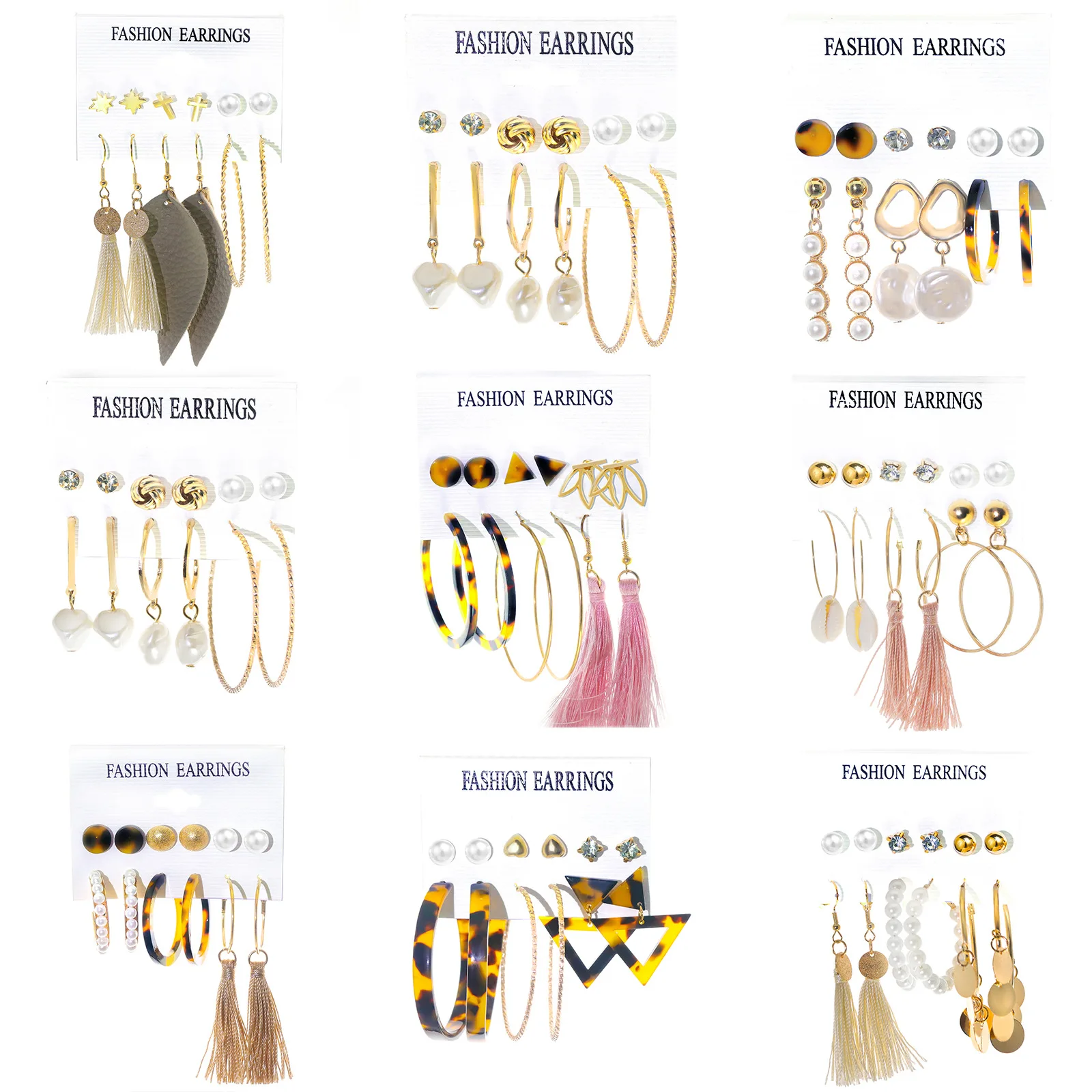 

Acrylic Resin Pearl Hoop Earrings Pu Leather Tassel Earring Geometric Crystal Rhinestone Pearl Stud Earring 6pcs for Women Girls