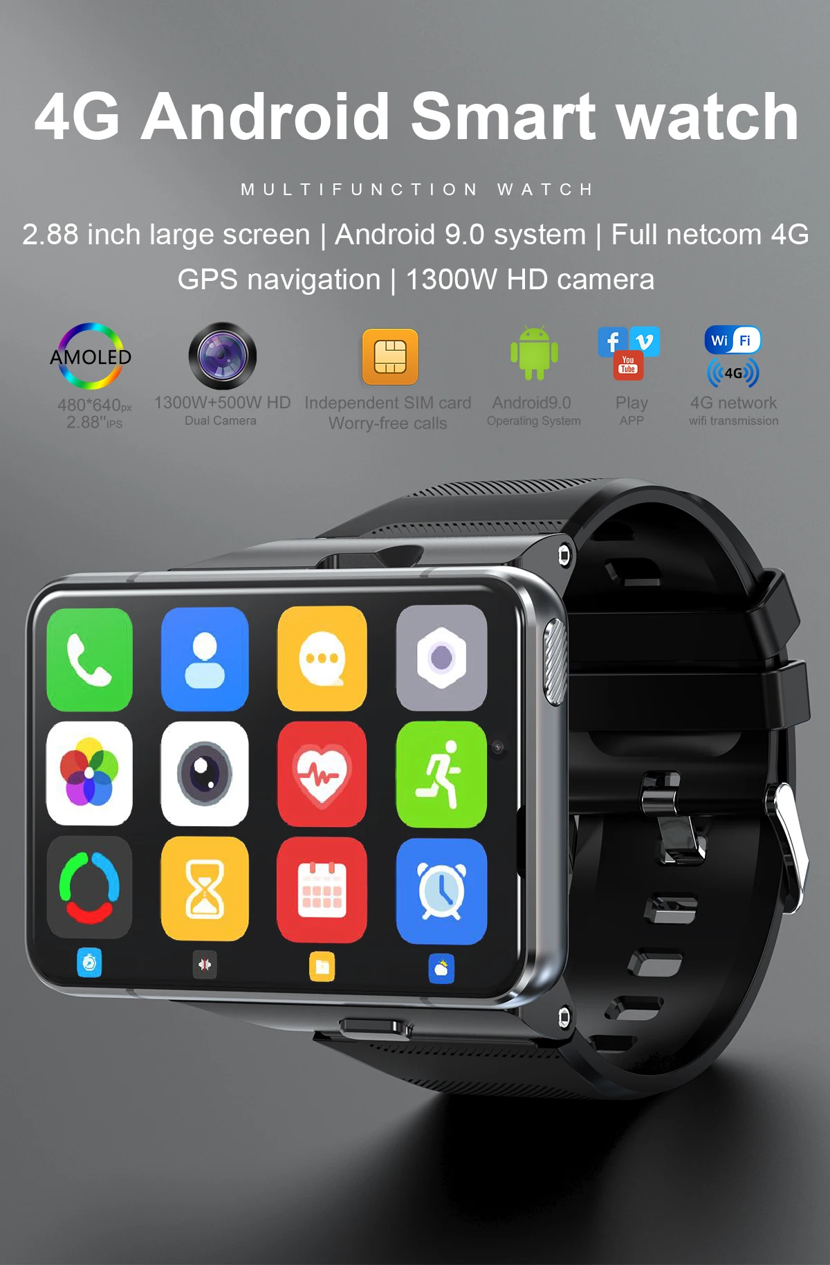 S999 4G Wifi Smart Watch Android 9.0 OS 64G GPS SIM Card Heart Rate Monitor Smartwatch with IP67 Waterproof 13.0 MP Camera |