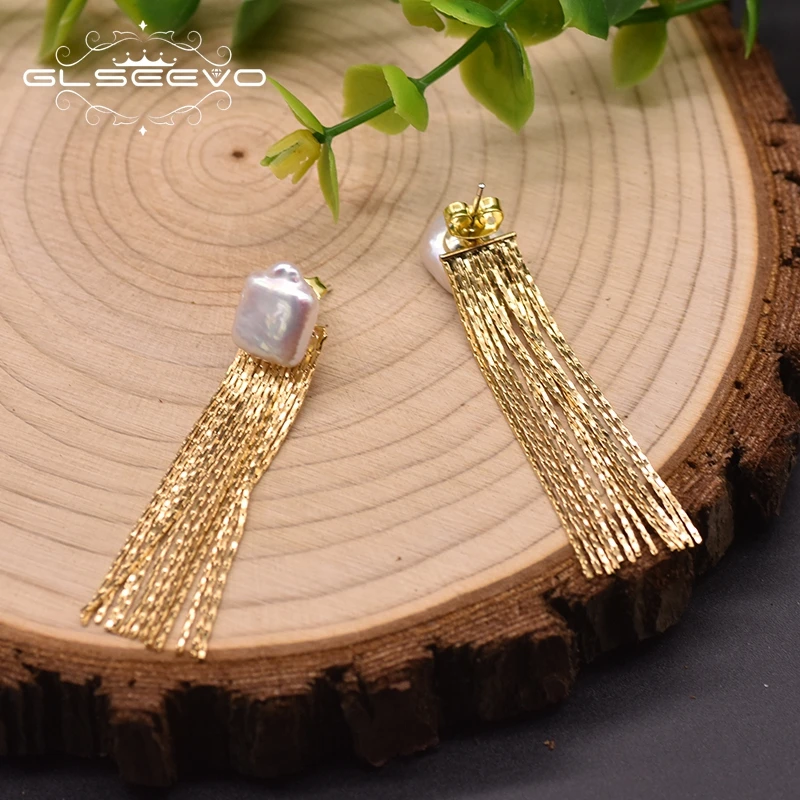 GLSEEVO Золотая кисточка необычные серьги-гвоздики пресноводный барочный жемчуг