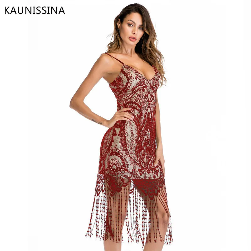 Красный KAUNISSINA/женские пикантные тонкие бретельки, коктейльные платья, новое платье для выпускного вечера с открытой спиной и кисточками, платье с поясом Vestidos - Цвет: Красный