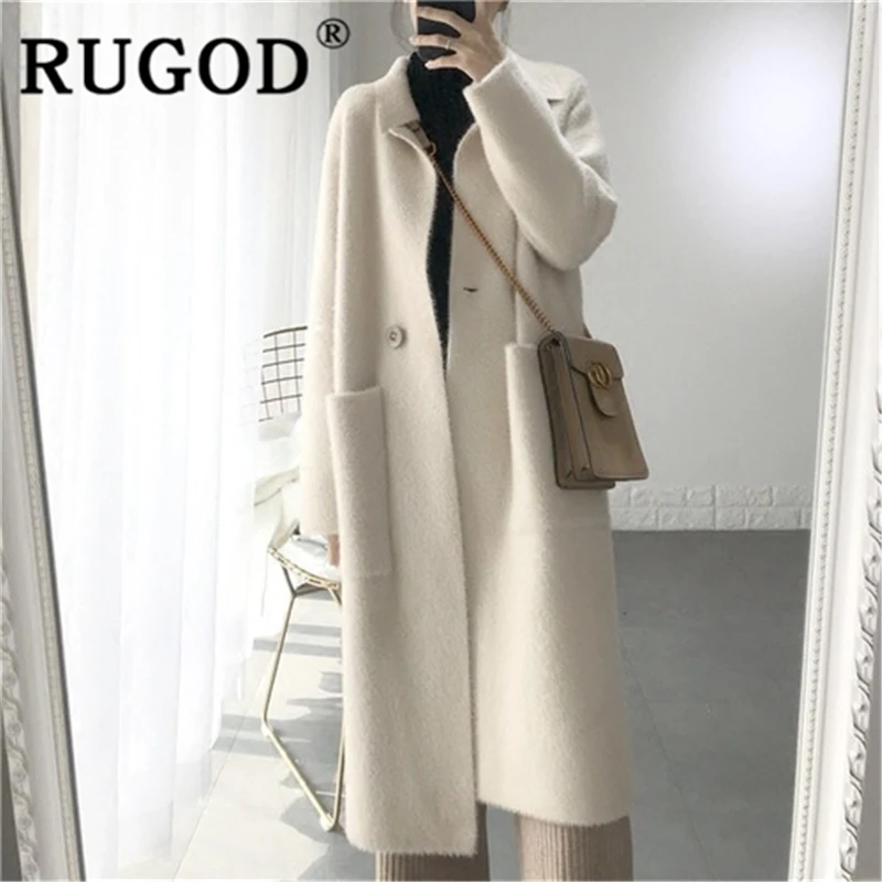 RUGOD новинка зимнее теплое одноцветное пальто для женщин двубортное с карманами