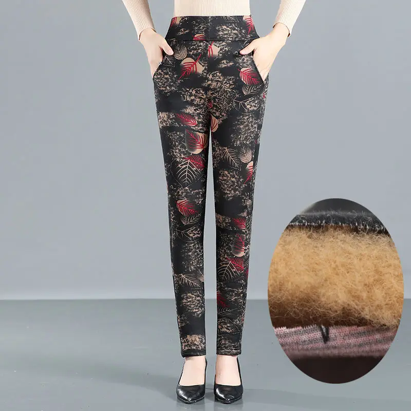 

2021 Women Autumn Winter New High-waisted Cotton Trousers Female Plus Velvet Leggings Ladies Mother Warm Printed Pants E471