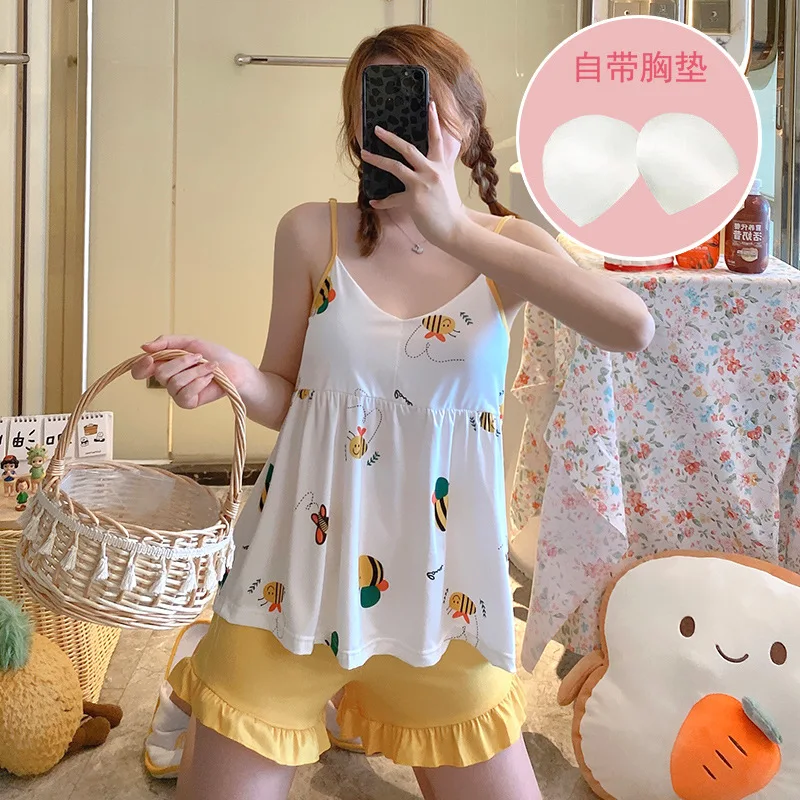 Summer Thin Sleeveless Sling Nightdress Women's Milk Silk Home Suit Sexy Nightgown & Sleepstirts Night Dress with Chest Pads