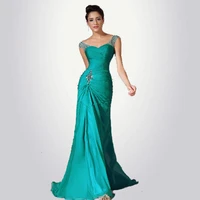 best selling mermaid floor length turquoise chiffon cap sleeve beaded pleats discount prom gowns evening dress formal dresses