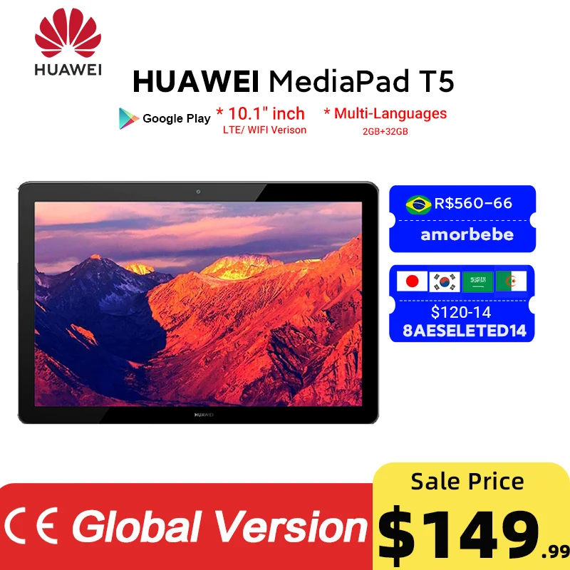 Планшетный ПК глобальная версия HUAWEI MediaPad T5 2 ГБ 32 10 1 дюйма Восьмиядерный двойной