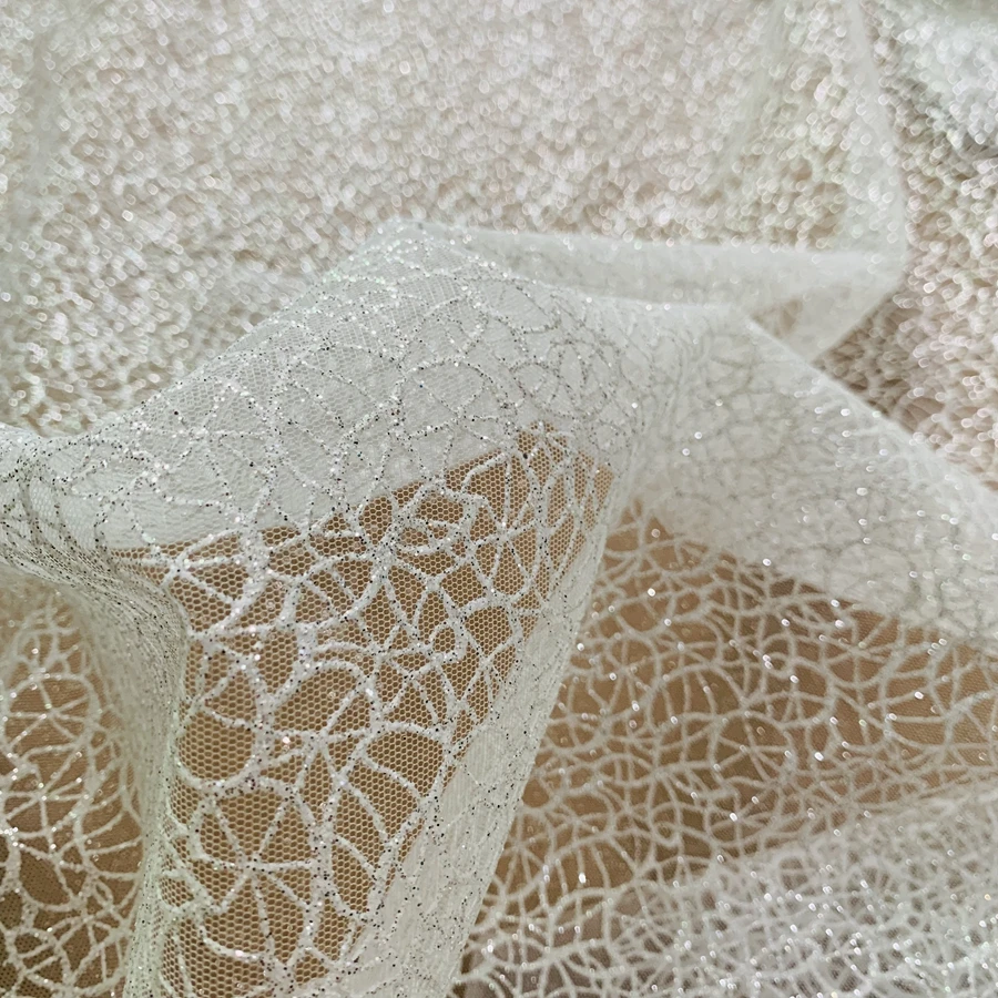 

Wedding Gowns Dresses Making Glitters Lace Fabric Shiny Off White with Silvery Color 1 Yard
