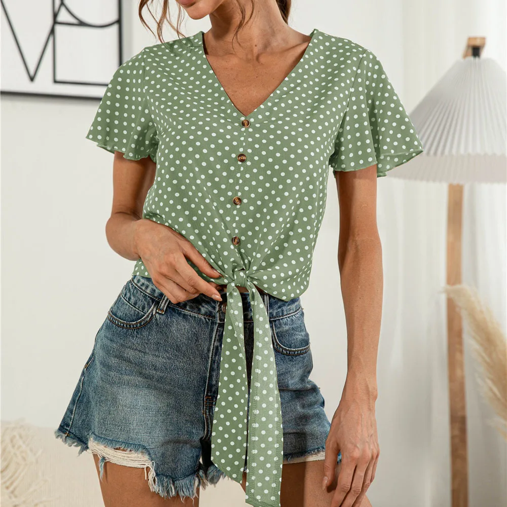 

Women V Neck Sexy Short Tops Tee Polka Dot Single-breasted Summer Ruffles Short Sleeve Solid Color 2021 T-shirt Blouses Top